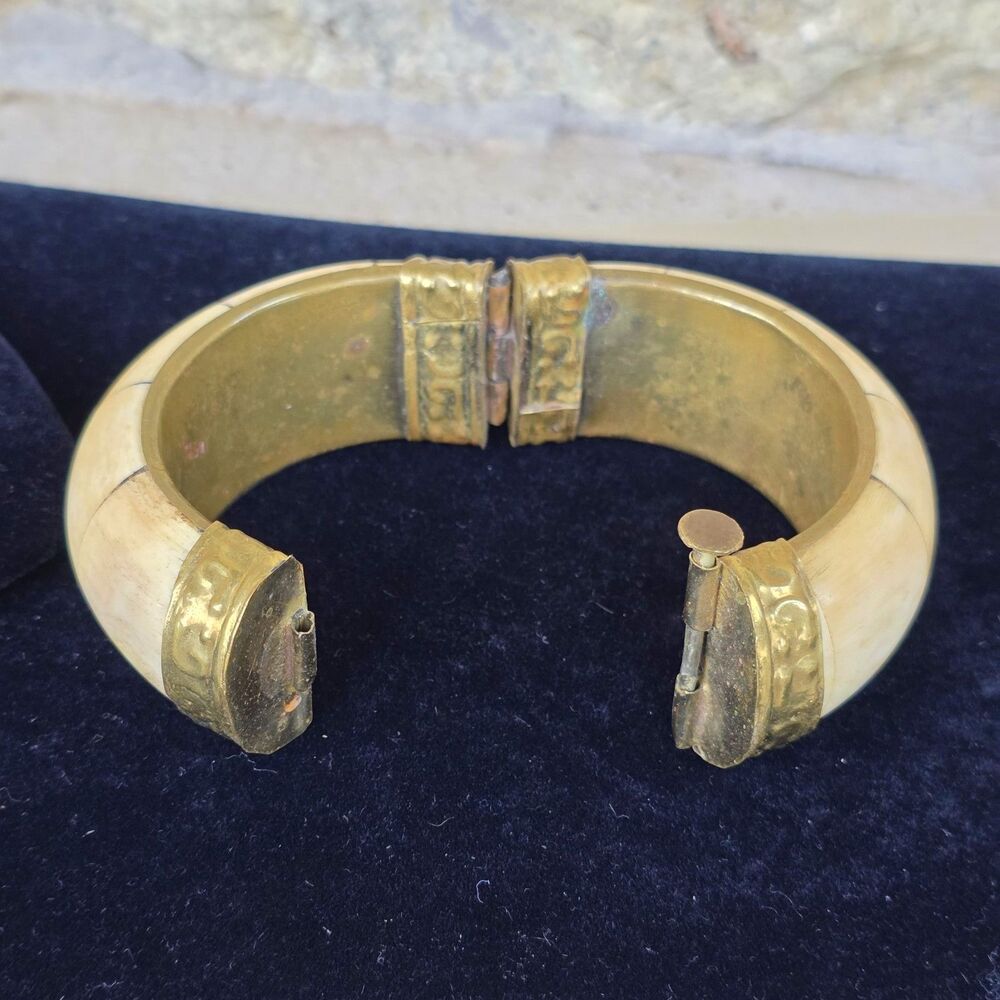 Vintage Chunky Bone & Brass Hinged Bangle